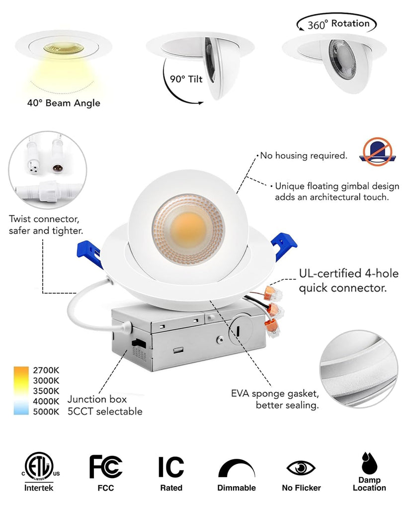 6 Pack 4 inch 5CCT Eyeball Gimbal LED Recessed Lights, 10W=95W