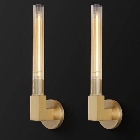 Gold Wall Sconces Set of 2, Modern Bathroom Vanity Lights with Tube Glass Shades - Industrial Vintage Wall Lighting for Mirror, Hallway, Bedroom, Dressing Room A114-B0F47Y6WY2