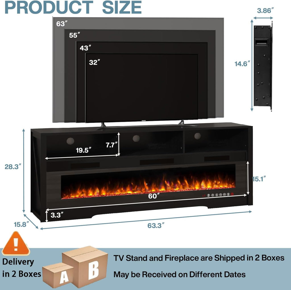 65" Fireplace TV Stand with 60" Glass Electric Fireplace for TVs Up to 75 inch, Modern Fireplace Entertainment Center