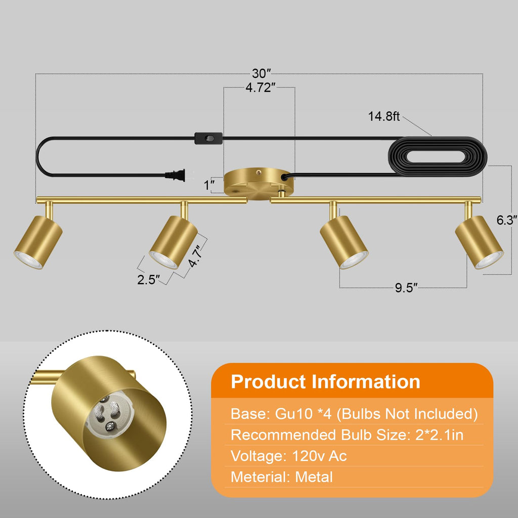 Track Lighting Plug in, LED Track Lighting Fixtures Ceiling Kit, Gold 4-Light Ceiling Light Plug-in, Wall Light