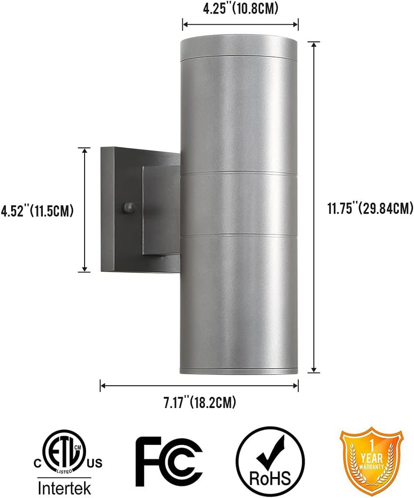 Modern Outdoor Porch Light Patio Light in 2 Lights with Aluminum Cylinder and Tempered Glass Cover Waterproof Wall Sconce 2 Pack (Metallic Gray) A123-B093SZQLPD