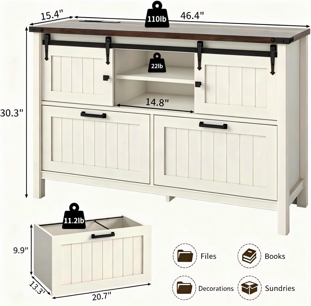Farmhouse File Cabinet , White Printer Stand | Office Credenza Storage Cabinet,Sliding Barn Doors & 2 Large File