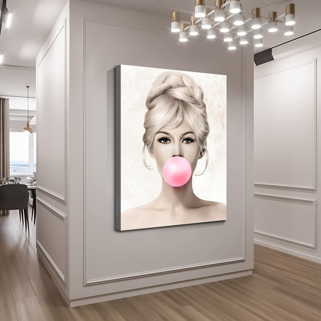 Beauty Portrait Brigitte Bardot with Pink Bubble Gum Canvas Wall Art Body Art Giclee Prints Wall Decor Bedroom Office
