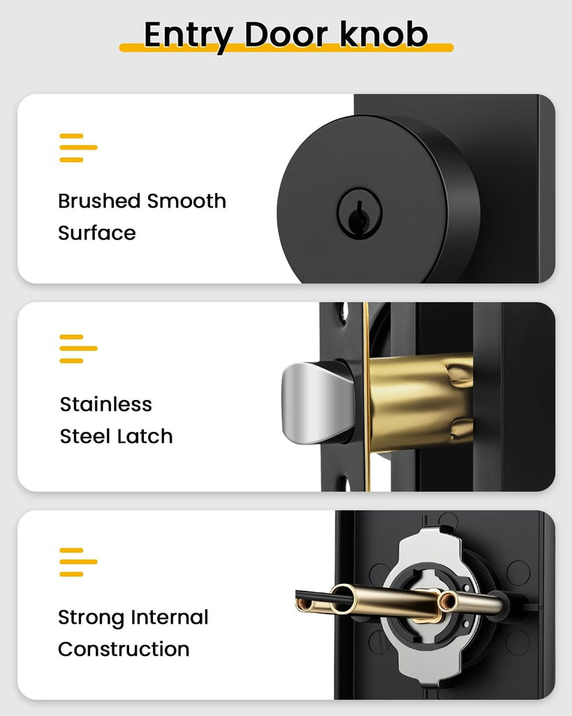 Matte Black Entry Door Knob, Keyed-Alike Exterior Door Knobs with Lock and Key, Security and Front Door Handles 1 Pack