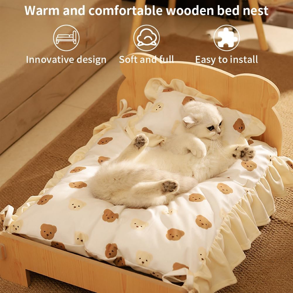 Wooden Bear-Shaped Cat Bed for Indoor Cats & Small Dogs - Removable Washable Elevated Pet Sofa with Frame, Princess