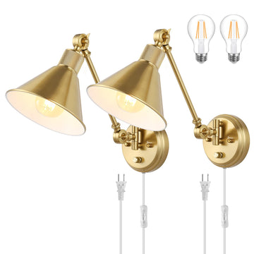 Wall Sconce Plug in, Dimmable Wall Sconces Set of 2 Wall Lights with Plug in Cord and Dimmer On/Off Knob Switch