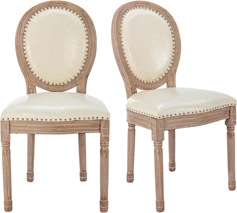 French Country Dining Chairs Set of 2, Upholstered Leather Accent Chairs with Curved Backrest for Dining Room, Kitchen or Restaurant, Beige