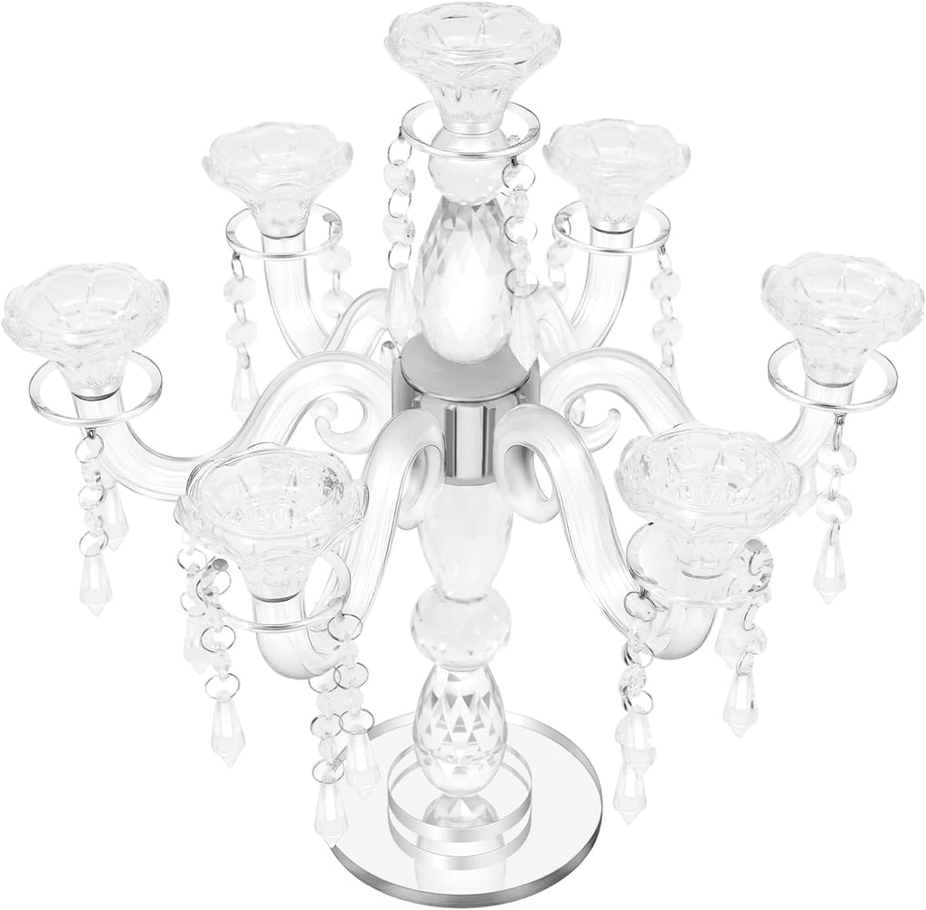 Crystal Candle Holders, 7-Arm 14 Inch Crystal Taper Candlestick Candelabra, Candle Holder Centerpiece