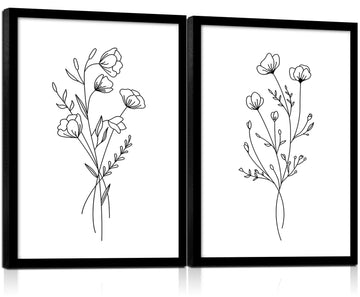 Framed Set of Two Canvas Wall Art Simple Botanical Line Print Black and White Floral Poster Modern Gallery Print Wall