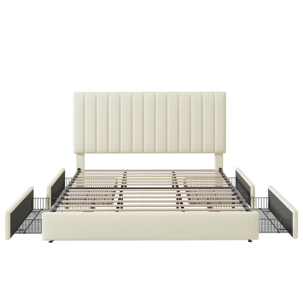 King Size Storage Bed Frame, Vertical Channel Tufted Adjustable Headboard, Velvet Upholstered Platform Bed with 4