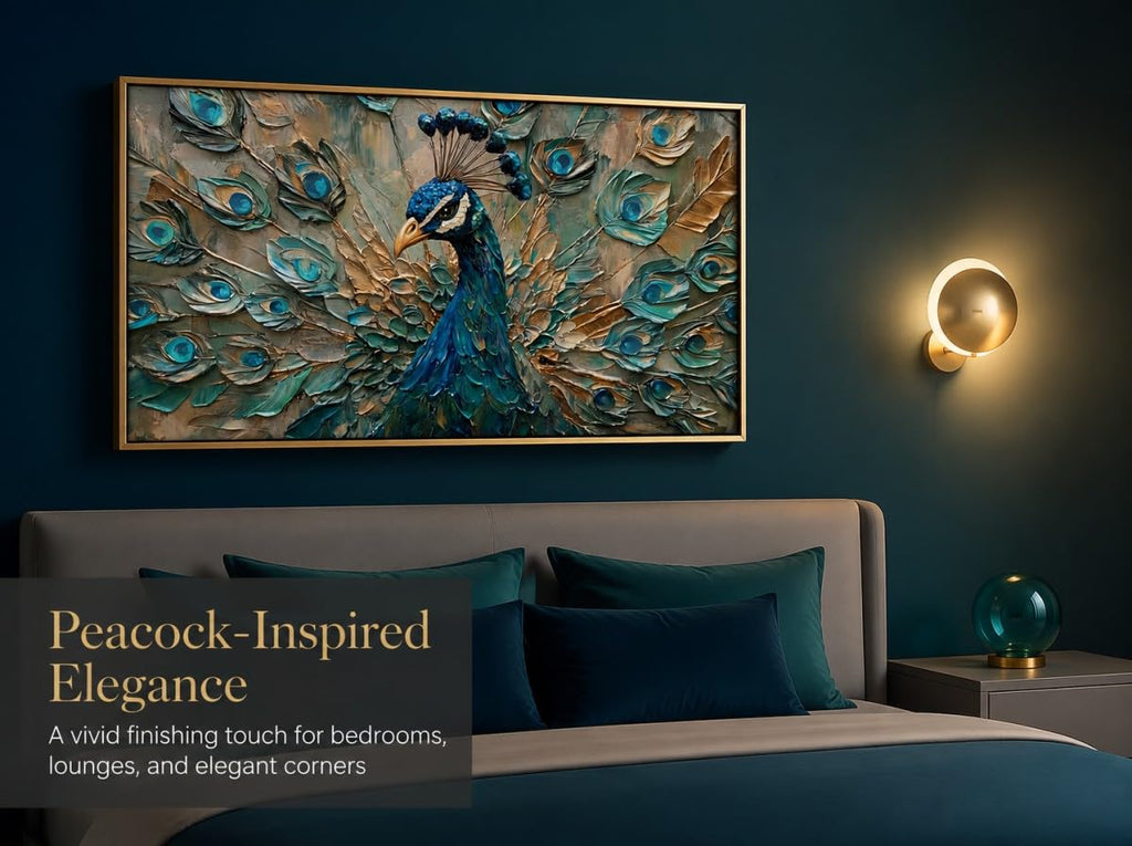 Framed Peacock Wall Art, Teal Blue Gold Wall Decor
