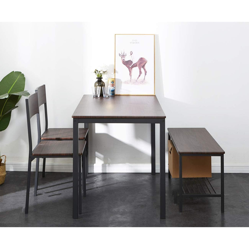 Dining Table Set for 4, with Two Chairs and One Bench/4 Piece Set, Wooden Table Top with Metal Legs for Breakfast