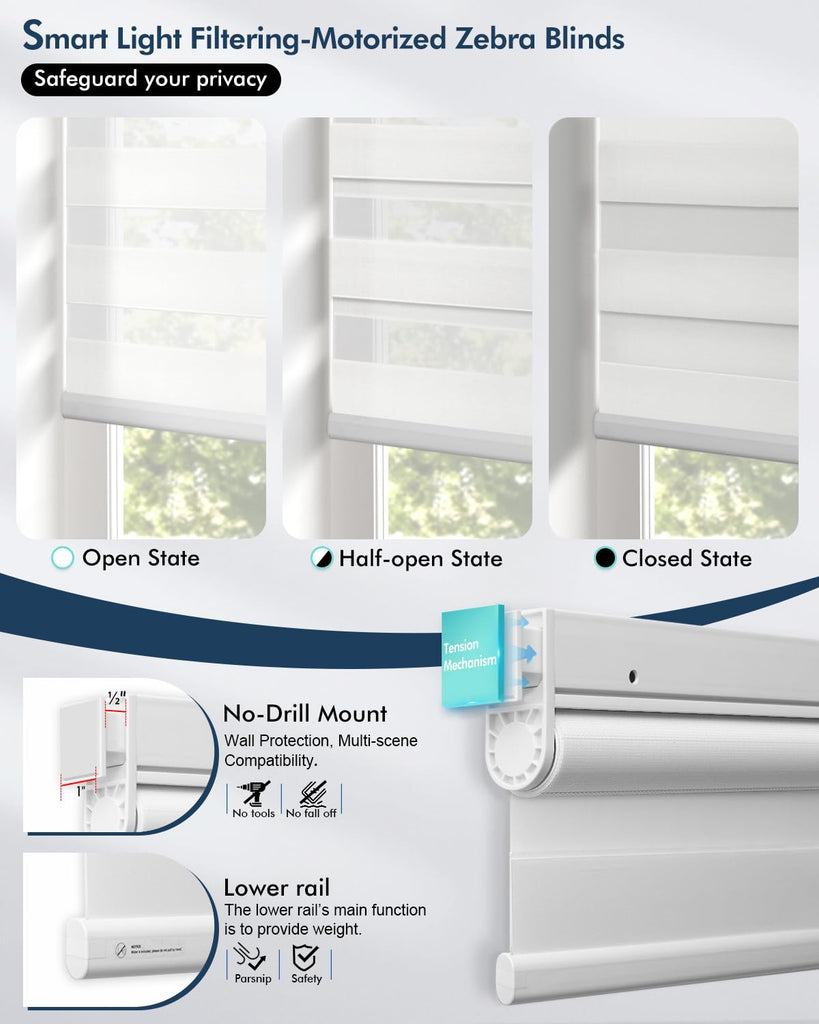 No Drill Motorized Zebra Blinds with Remote