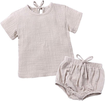 Baby Girls Boys Cotton Linen Blend Short Sleeve Top and Bloomer Shorts