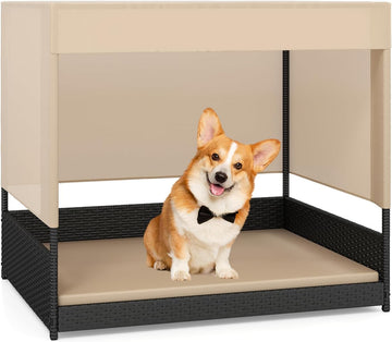 Elevated Wicker Dog House for Small to Medium Breeds, Raised Rattan Pet Sofa Bed with Removable Cushion, Canopy Roof