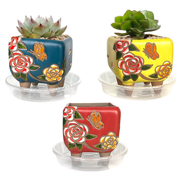 3.63 Inch Hand Painted Succulent Planter with Drainage and Saucers Ceramic Cactus Planter Pot Clay Pot Floral Design