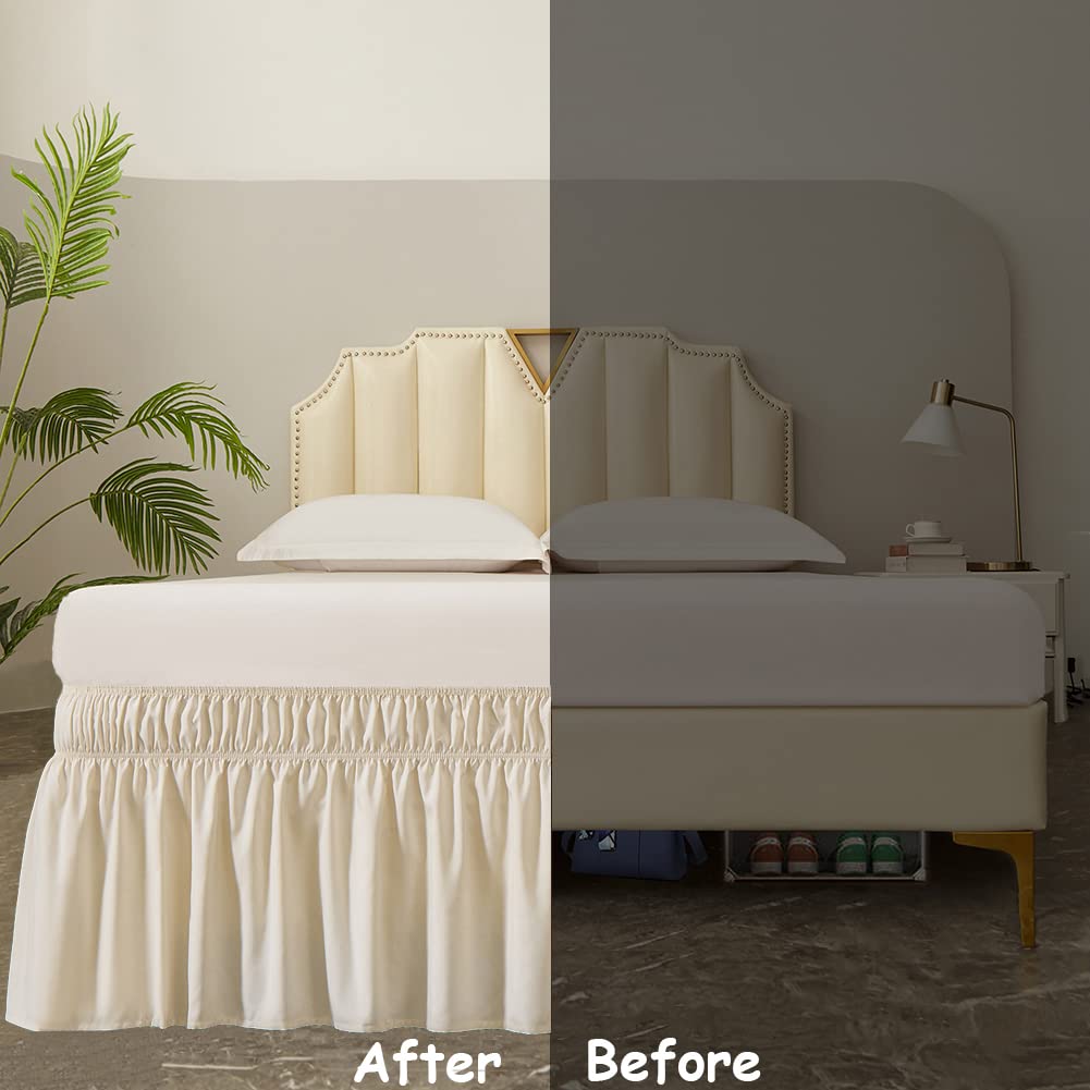 Wrap Around Elastic Bed Skirt for Queen & King Beds, 14" Drop, Beige