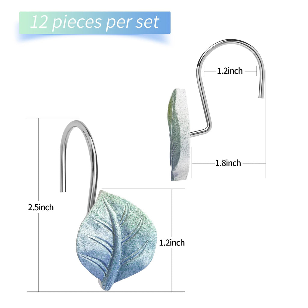 Blue Plant Leaf Shower Curtain Hooks, Eucalyptus Bathroom Decor, 12PCS