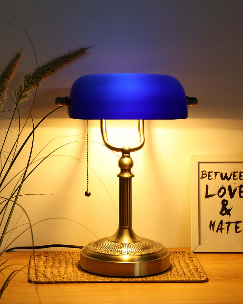 Blue Glass Bankers Desk Lamp, Plug in