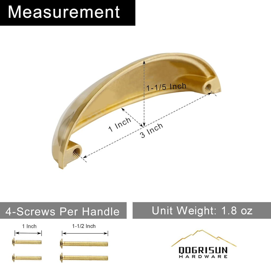 5-Pack Unlacquered Brass Cabinet Cup Pulls, Gold Bin Cup Drawer Dresser Handles, 3-Inch Hole Center, Kitchen Cupboard