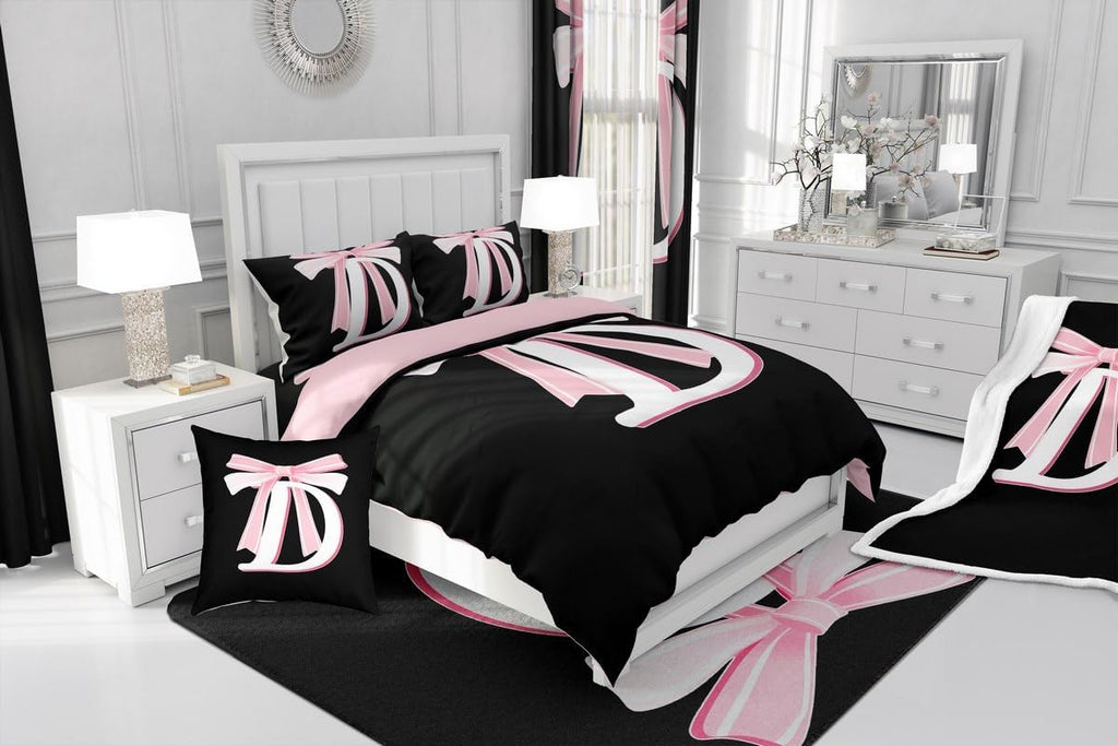Jejeloiu Kids Girls Black Pink Bow Comforter Set with Sheets Queen Monogrammed 7 Piece Bedding Set Personalized