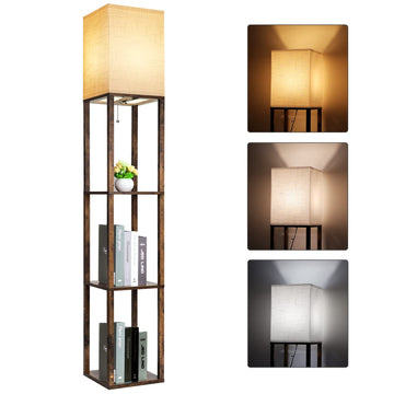 Floor Lamp with Shelves, Modern Shelf Lamp for Display Storage, 3 Color Temperature Wood Narrow Standing Corner Lamp