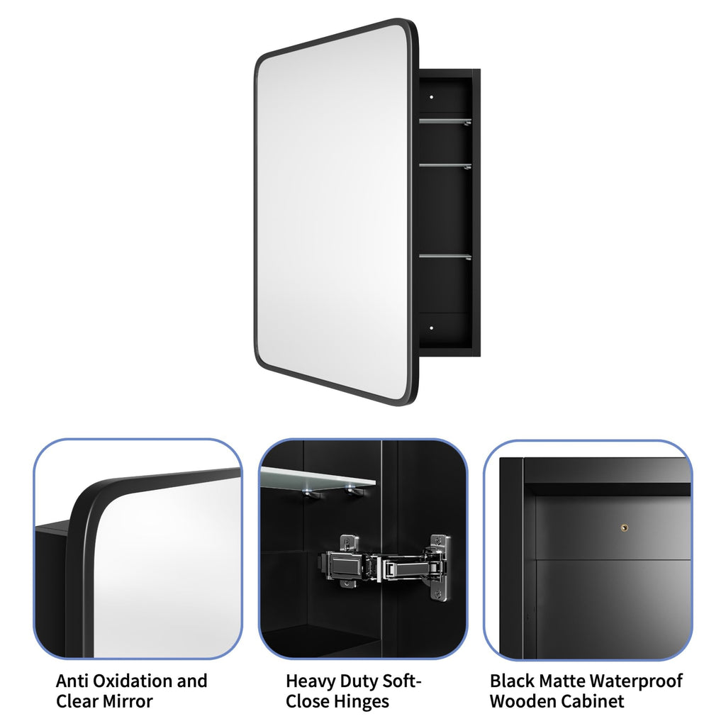Medicine Cabinet with Black Metal Frame Mirror, Overall 20"x30"