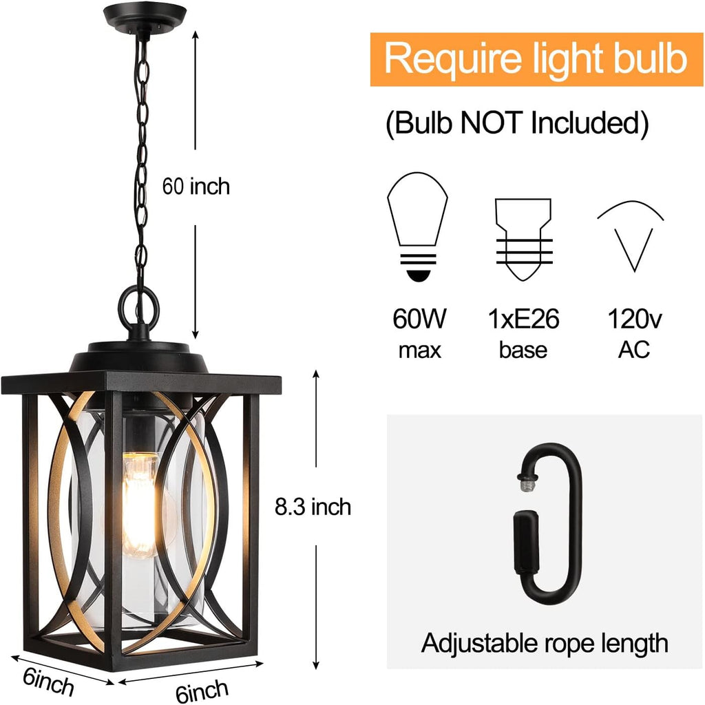 Outdoor Pendant Light Fixture, Modern Black Exterior Hanging Lantern Anti-Rust Metal Hanging Lights with Clear Glass