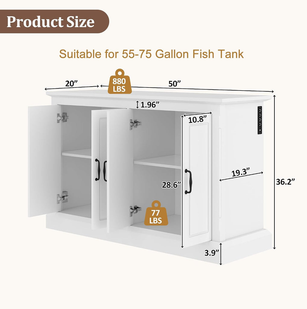 55-75 Gal Fish Tank Stand with Power Outlet and Storage Cabinets, White