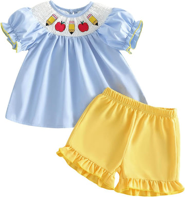 Back to School Little Toddler Girls Outfit Pre K First Day of School Smocked T-Shirt Dress Top Ruffle Shorts Set