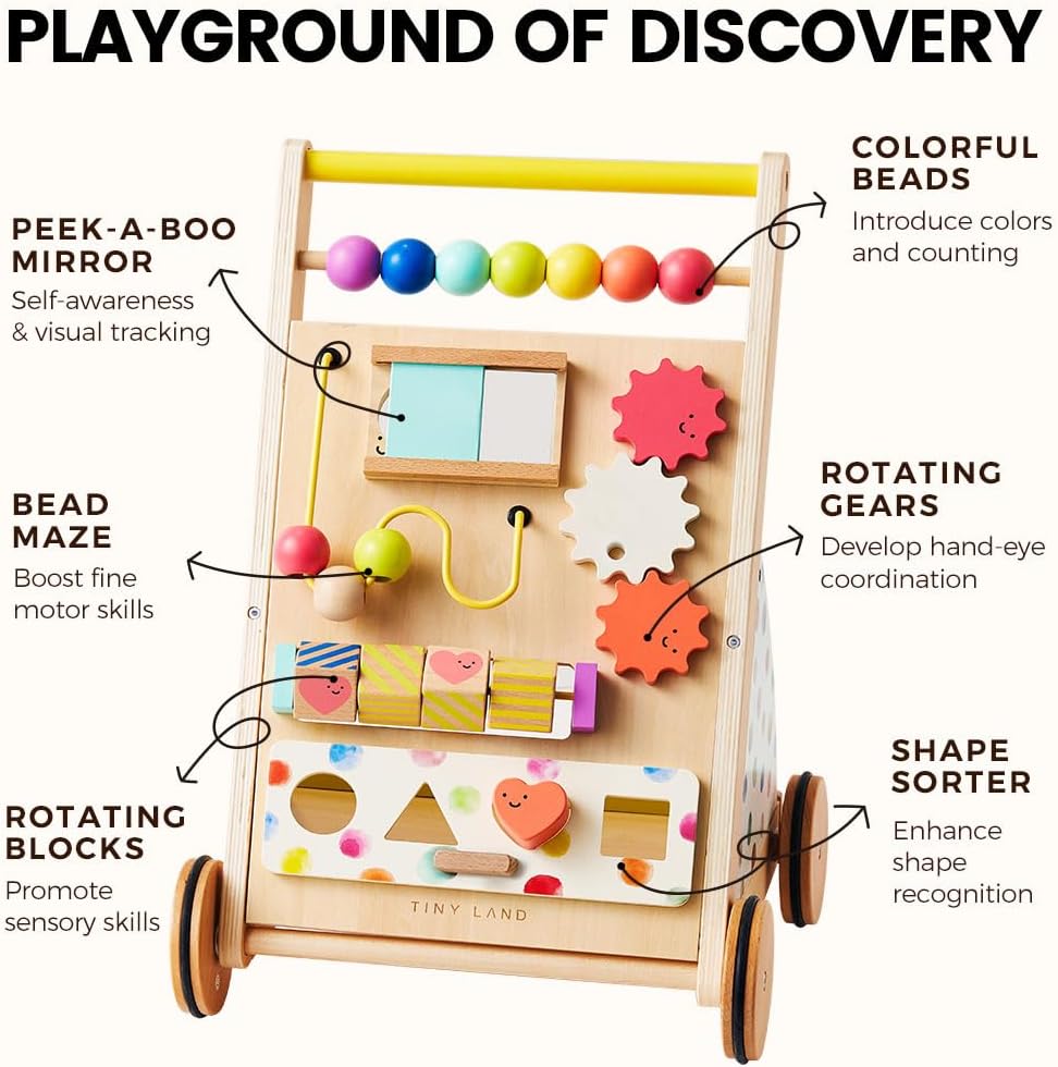 Land Wooden Baby Walker with Activity Center, Montessori Push Walker