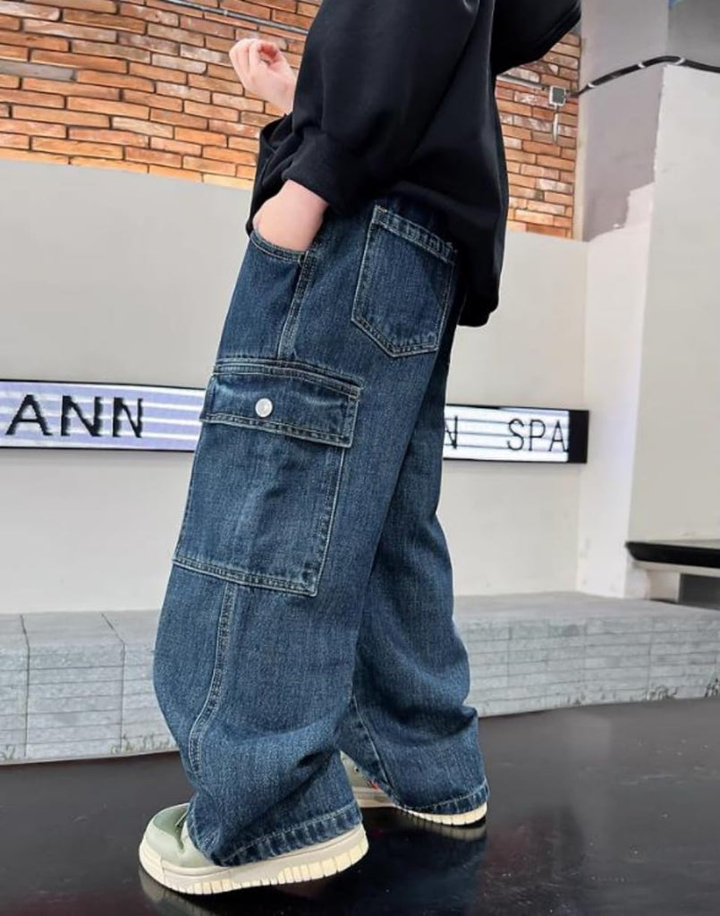 Boy's Baggy Jeans Straight Leg Denim Pants with Pockets