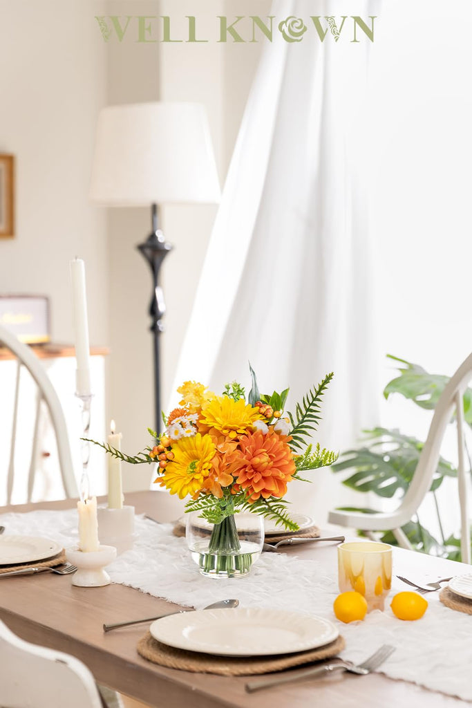 Artificial Flowers in Vase with Fake Water, Faux Silk Orange Yellow Flower