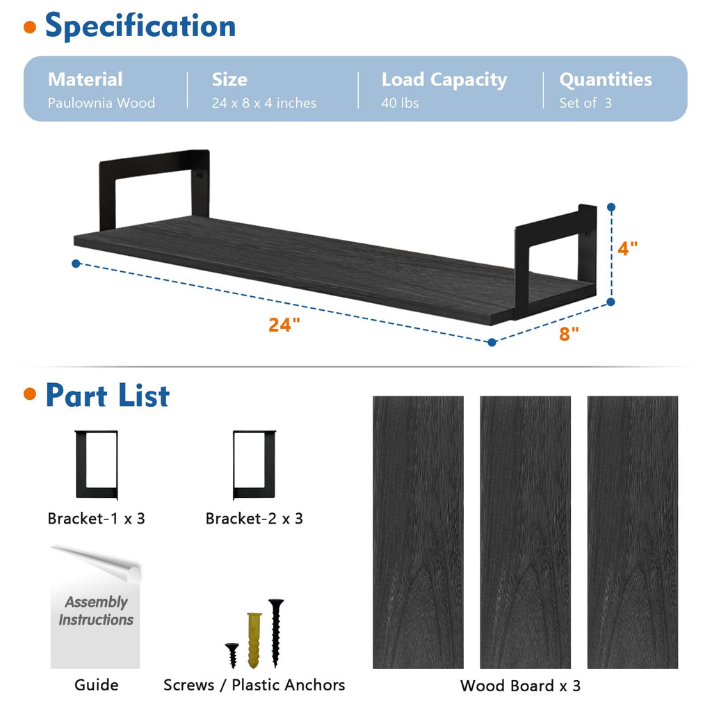 Black Wall Shelves 24 Inch Long, 8 In Deep Floating Shelves