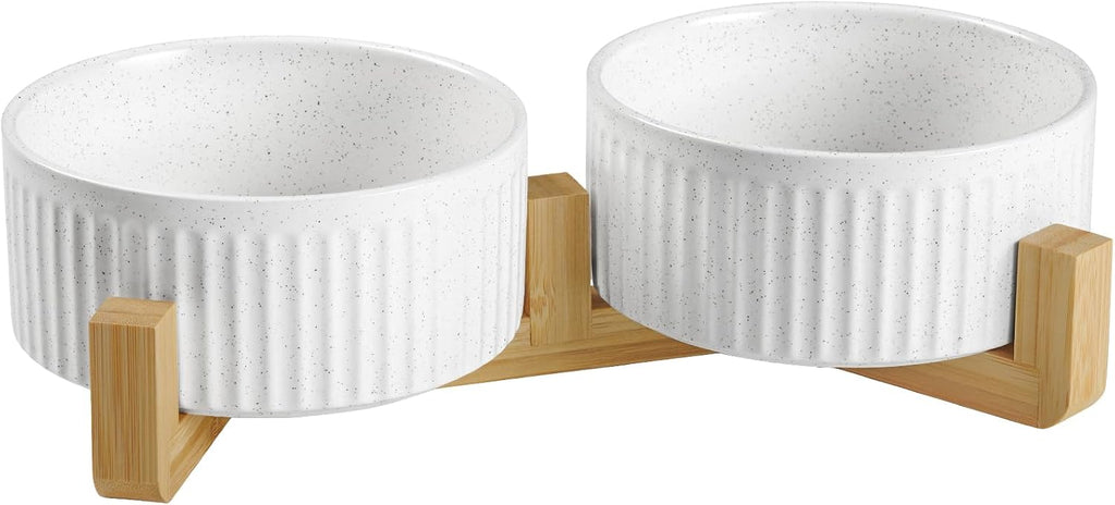 Non-Slip Ceramic Dog Bowls with Wood Stand, 6" Dog Food and Water Bowl Set with Silicone Base, 32 OZ/4 Cups Weighted