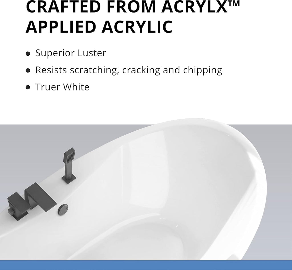 Caspian 60 inch L x 27 inch H White Acrylic Freestanding Bathtub