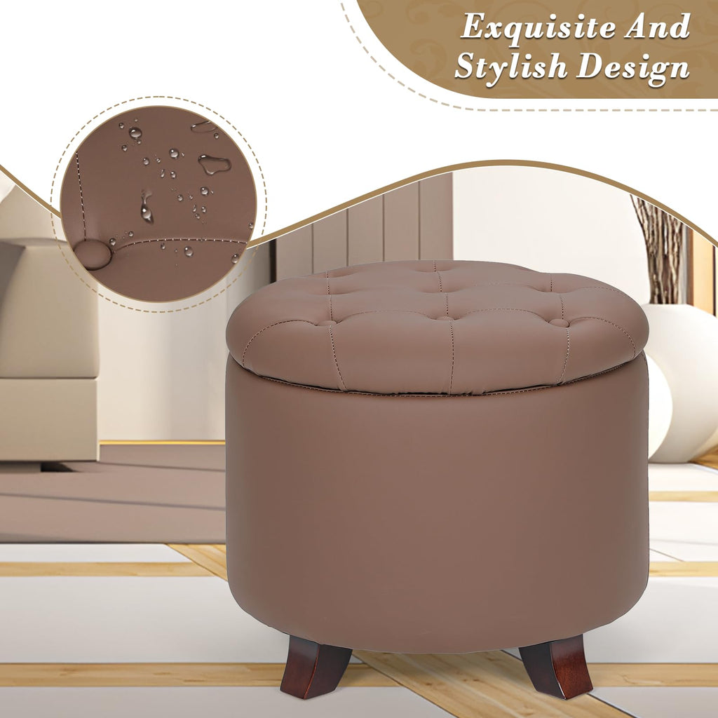 20 Inch Small Ottoman with Storage, Round PU Leather Storage Ottoman with Removable Lid, Stylish Footstool Foot Rest