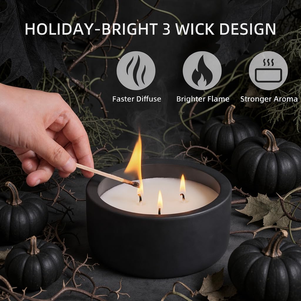 20oz Large Decorative Black Candle - Eucalyptus & Rosemary, 3 Wick Fall Scented Soy Candle for Women & Men, Matte