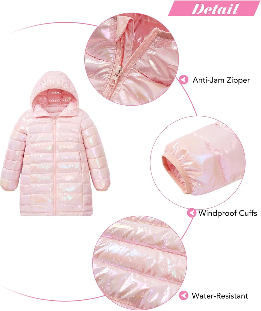 Girls Winter Coat, Long Metallic Puffer Jacket