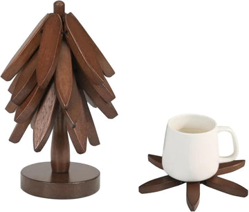 Artisanal Wooden Coasters Trivets Set - Foldable Wooden Tree Trivet with 4 Coasters & Stand - Heat Resistant Hot - Set of 4