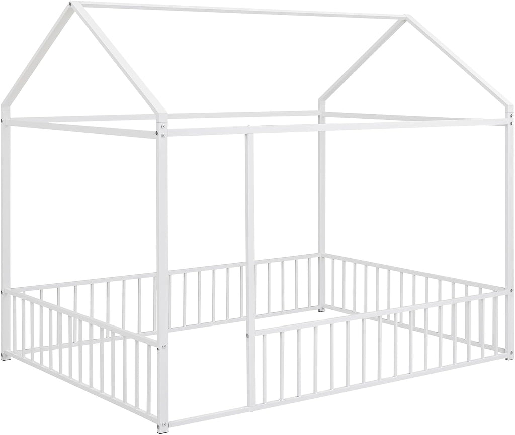 Floor Bed Frame, Metal Montessori Floor Bed with Fence for Boys Girls Bedroom Playhouse for Kids No Slat