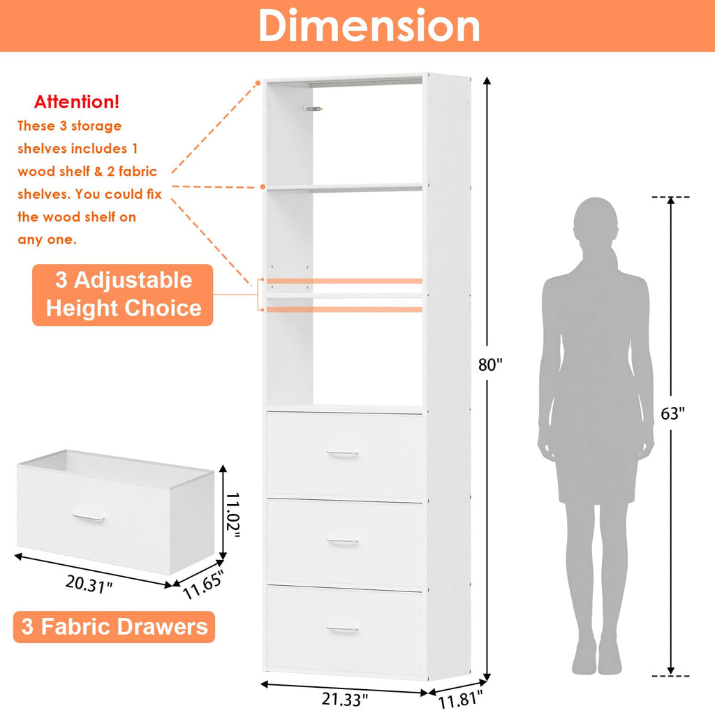 21.3" Wide Tall Wood Closet Organizer System with 3 Fabric Drawers