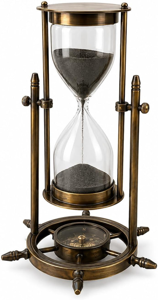 Vintage Adjustable Sand Timer Hourglass with Compass Base, Nautical Antique Style Gift for Birthday, Anniversary &