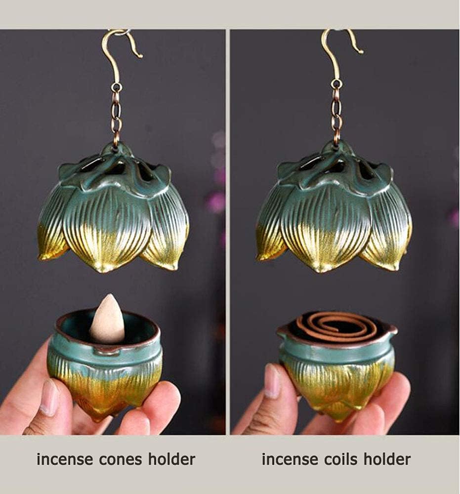 Lotus Furnace Hollow Hanging Ball Incense Burner, Ceramic Backflow Incense Cones and Incense Coil Holder Ornament
