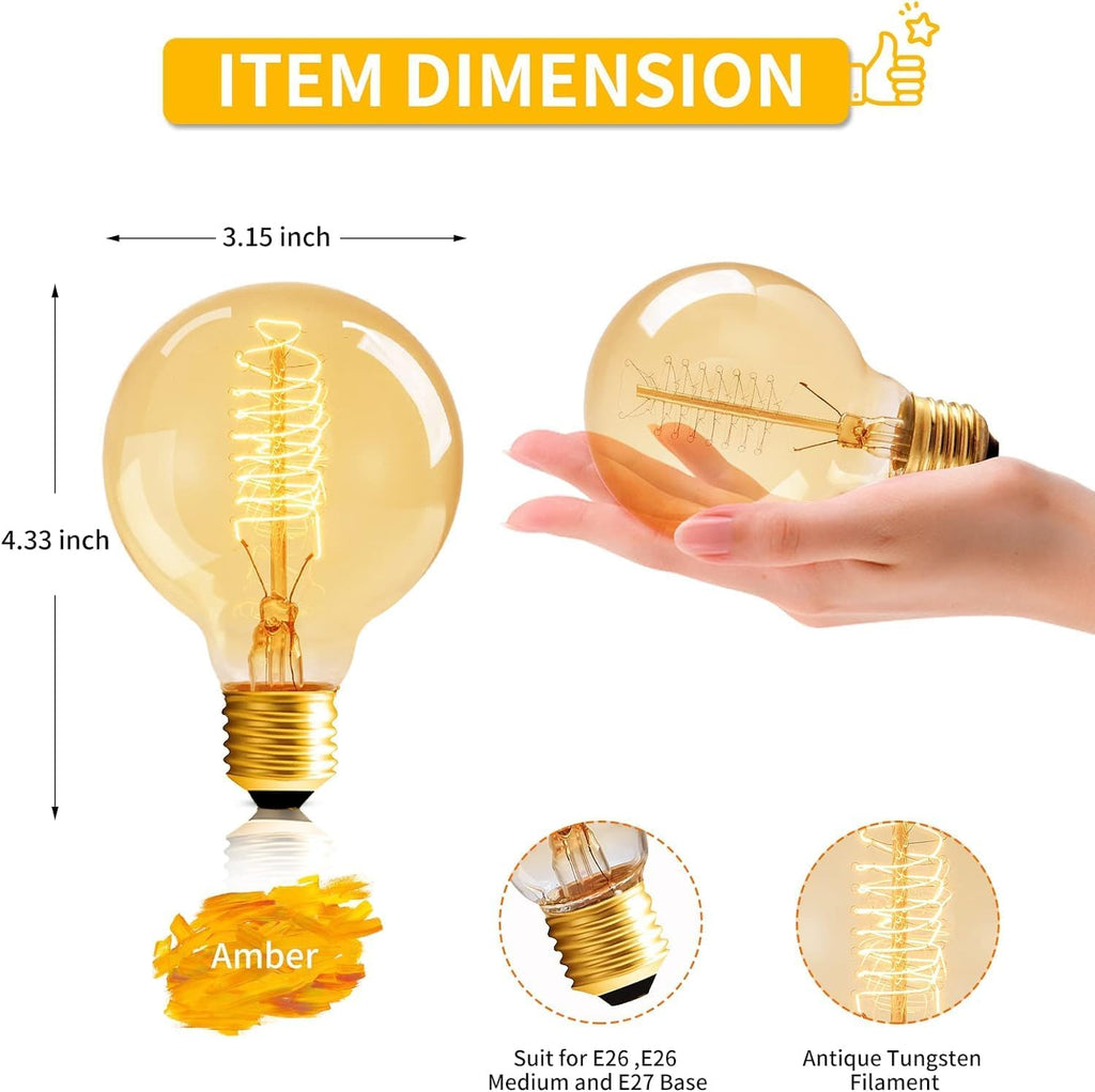 G80 Globe Edison Light Bulb, Vintage 4-Pack Edison Light Bulb, 60W 2700K 110V Spiral Filament Light Bulbs, E26 Base