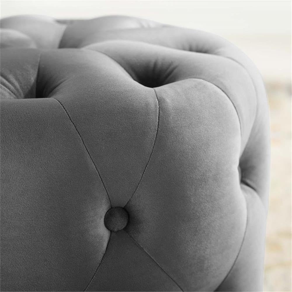 Anthem Tufted Button Round Performance Velvet Ottoman, Gray