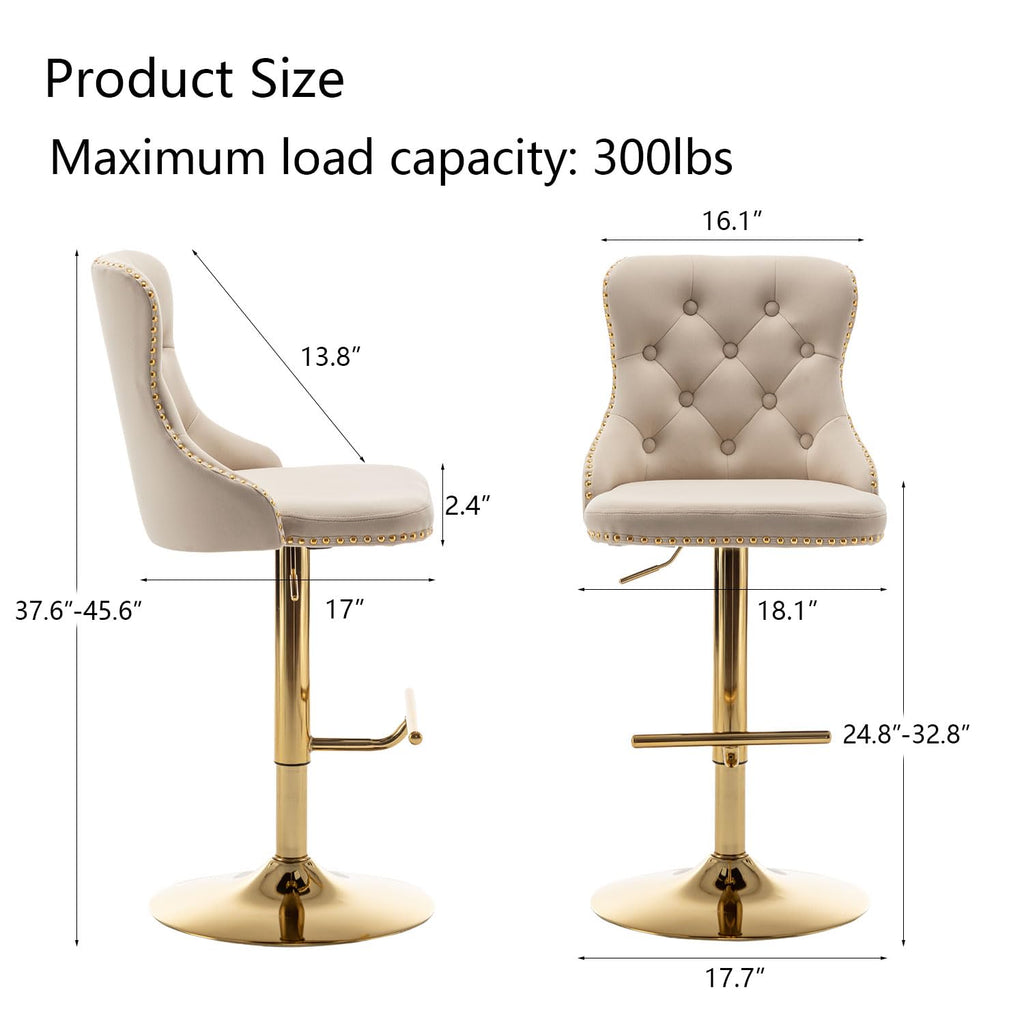 Velvet Bar Stools Set of 2, Counter Height Bar Stools with Button & Nailheads Trim, Gold Swivel Barstools Island, Pub