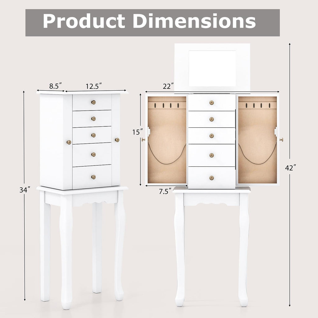 Standing Jewelry Cabinet Armoire with Top Flip Mirror, Jewelry Box Chest with 4 Drawers, Top Compartments, 8 Necklace