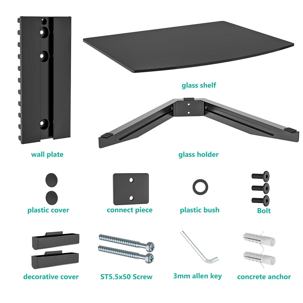 1 Tier Glass Floating TV Wall Shelf for Projector, DVD Players