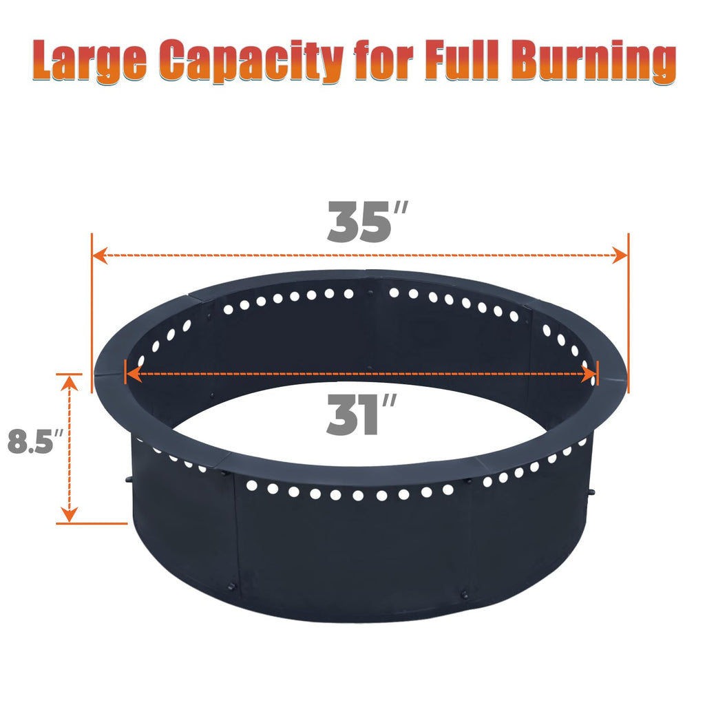 Outdoor 35-Inch Outer/31-Inch Inner Fire Pit Ring Smokeless, Duty Solid Metal Steel Round Firepit Rim Insert for DIY